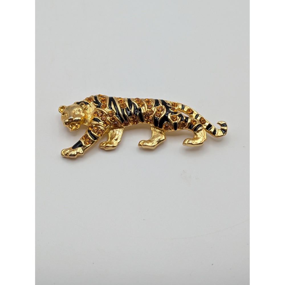 Vintage Tiger Panther Brooch Pin Gold Tone Black Enamel Amber Rhinestone Big Cat